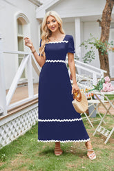 Square Neck Lace Back Shirred Puff Sleeve Dress ALL-001